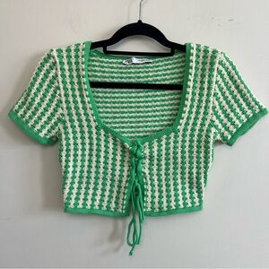 Zara Green and Cream Knit Tie Front Crop Top Cable Knit Spring Beach Boho